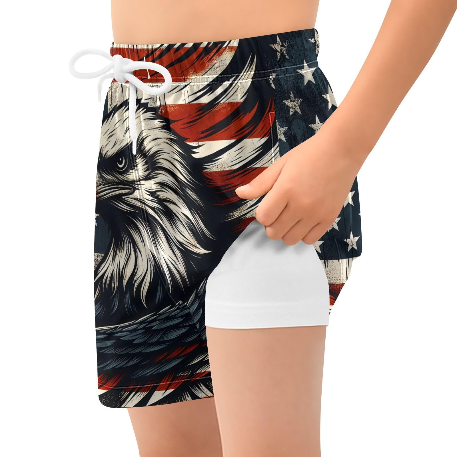 YANENDIE Boy Swim Trunks with Compression Liner Eagle Flag Pattern Boys Swim Shorts Quick Dry Beach Shorts