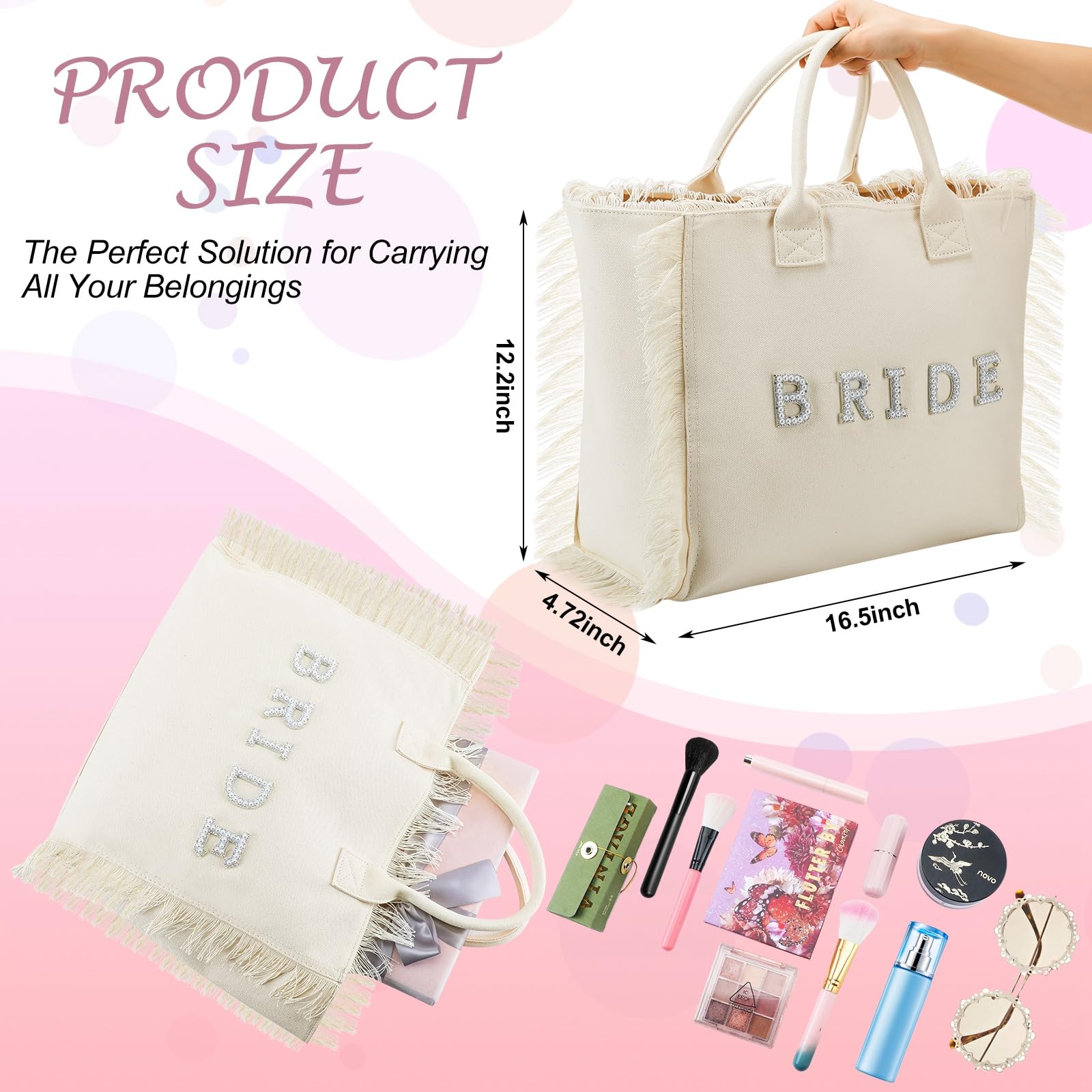 Bolsa de mano para regalos de novia en la playa, regalo grande de despedida de soltera, con perlas y diamantes de imitación, para compromiso, despedida de soltera, Beige 3