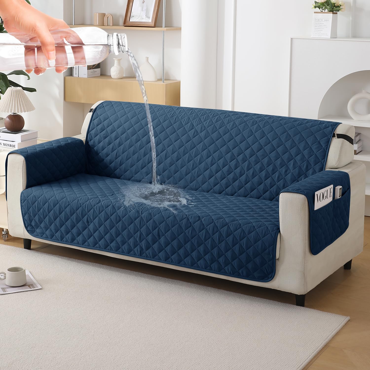 HOKIPO Polyester Quilted Sofa Cover 3 Seater With Bottom Waterproof Layer. With Side Pockets, Navy Blue (Ar-5143-W4) (B0CX96DTQT) Amazon Price History, Amazon Price Tracker