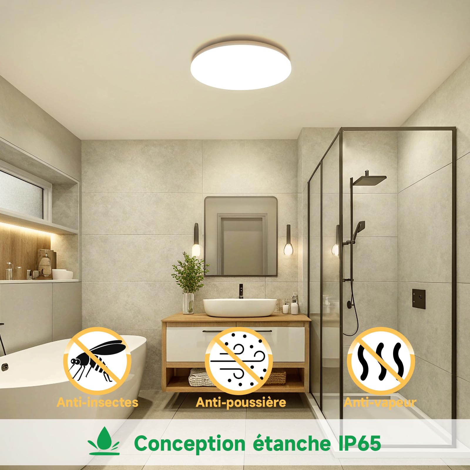 Plafonnier LED Salle de Bain LED 2-Pack | IP65 Étanche 17W 2335lm (150W) | 3000K Blanc Chaud Ø22cm