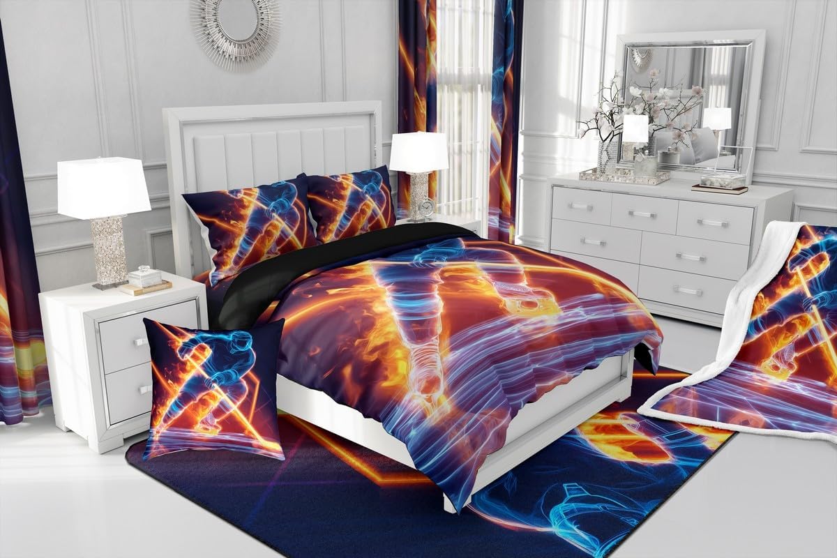 Erosebridal Hockey Comforter Set 3Pcs for Kids Boys Teens - Ice Sports Down Comforter Queen Size With Burning Puck Ball Decor - Bedding Set With Player Winter Sport Game Duvet