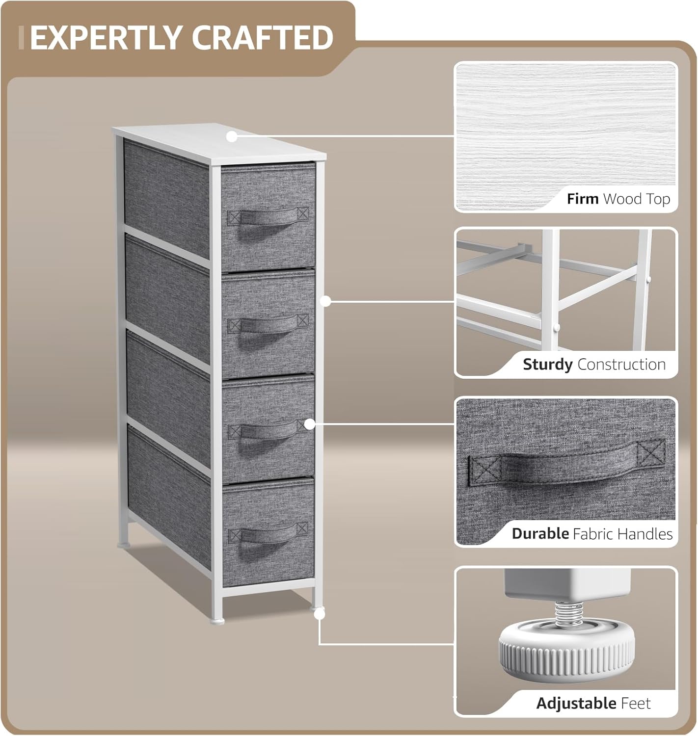 Sorbus Narrow Dresser with 4 Drawers - Vertical Slim Storage Chest of Drawers with Steel Frame, Wood Top & Easy Pull Fabric Bins for Small Spaces, Closets, Bedroom, Bathroom & Laundry (White/Gray) - Image 4