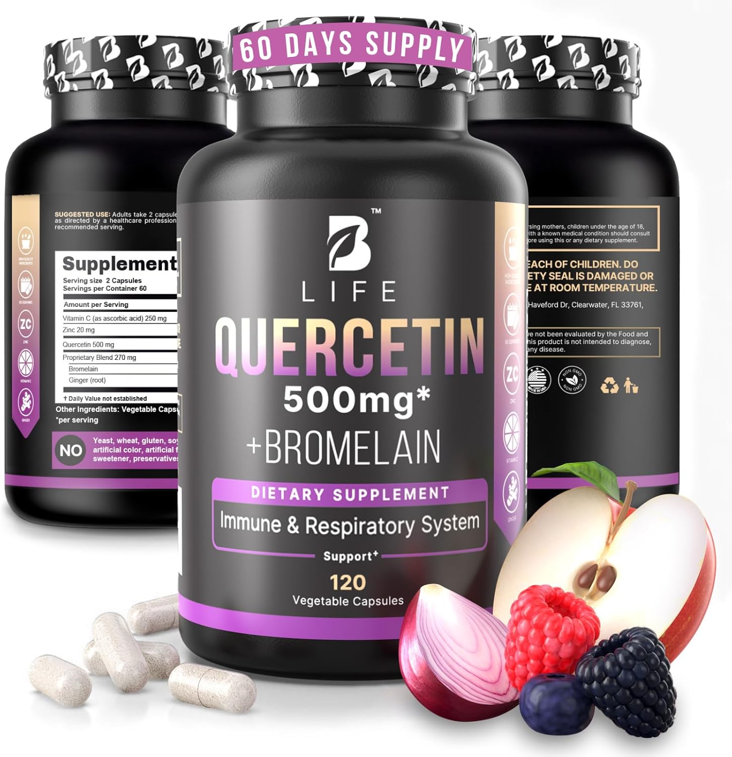 B Life Company BLife Quercetin 500mg Capsules with Vitamin C, Zinc & Ginger – Immune & Antioxidant Support Supplement – Quercetin with Bromelain Supplement – 120 Capsules (60 Servings)