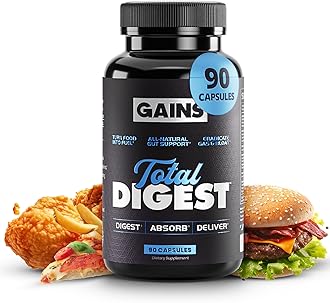 Gains in Bulk Total Digest, Digestive Enzymes, Prebiotics and Probiotics for Digestive Health, Bloating Support, Gut Health for Women and Men, Promotes Protein, Carb and Fat Digestion, 90 Capsules