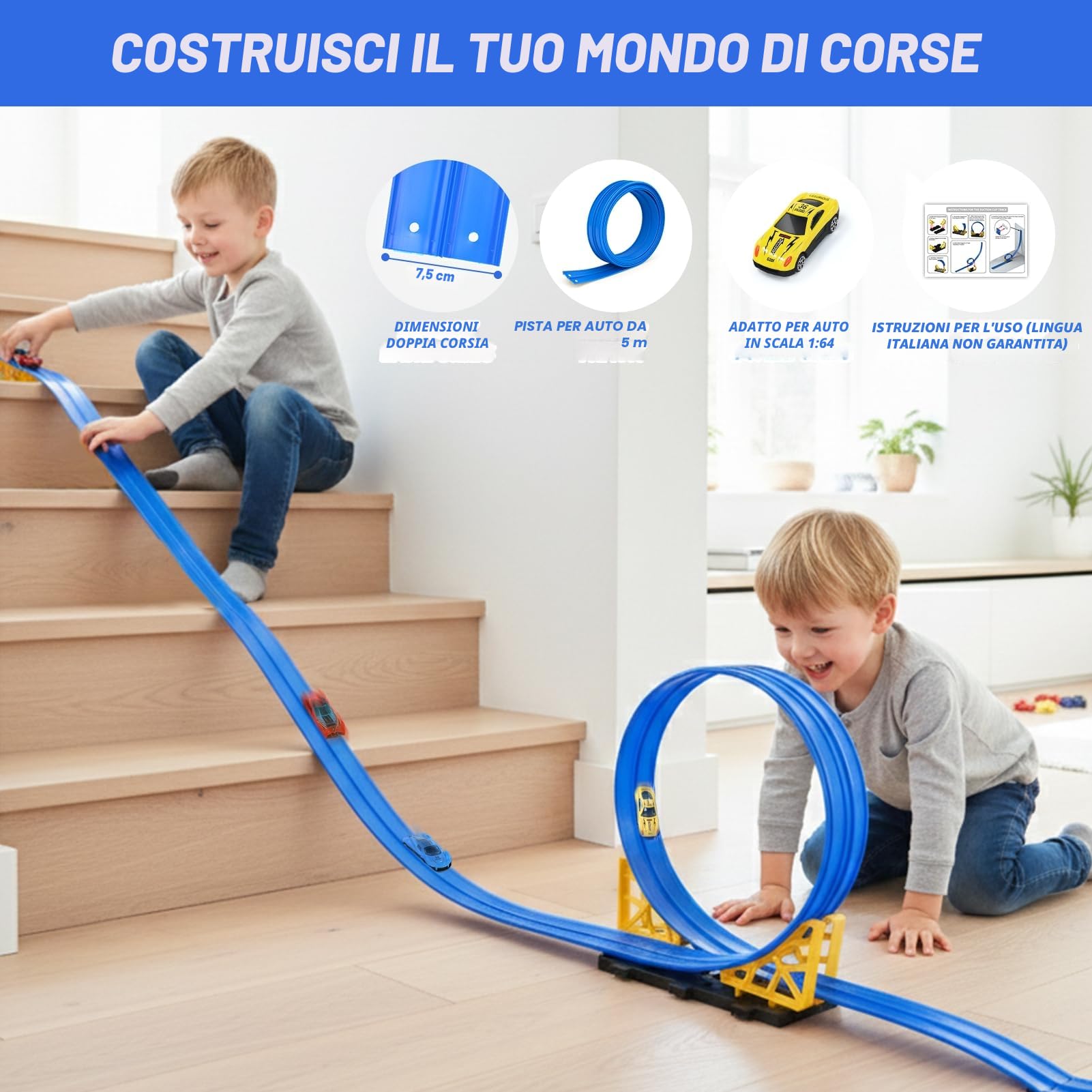 Dreamon Piste Macchinine per Bambini 3 4 5 6 7 Anni 5 Metri Pista Flessibile Macchinine con 4 Macchinine 2 Rampe 1 Borsa Portaoggetti 4 Ventose Regalo per Bambino e Bambine