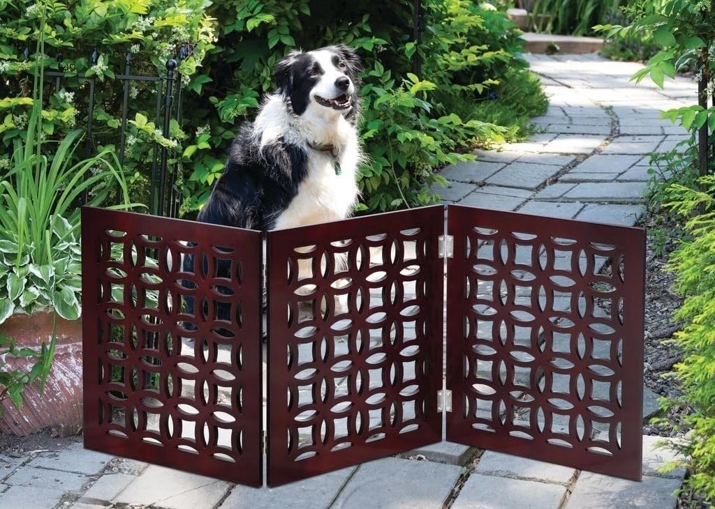 Pet Gate for Doorways and Stairs - Safety Dog Gate -Wooden Panel Freestanding Gates for The House- Z Shape Tri-Fold (Positano Mahogany)