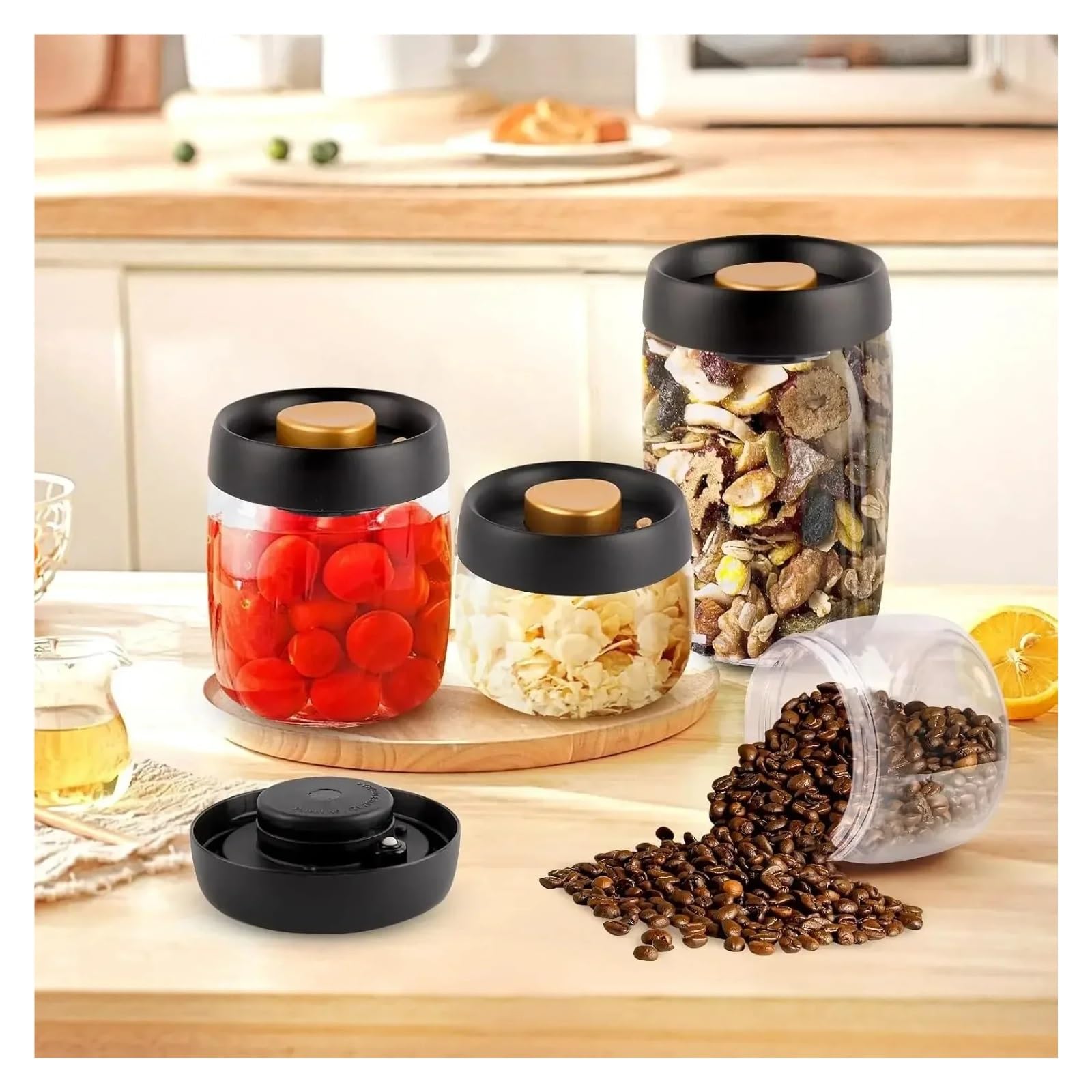 Vakuum-Glasvorratsglas, transparenter luftdichter Behälter | Für Kaffeebohnen und Getreide, manuelles Vakuumpumpen, feuchtigkeitshemmend, 500 900 1200 1800ml(1200ml Golden)