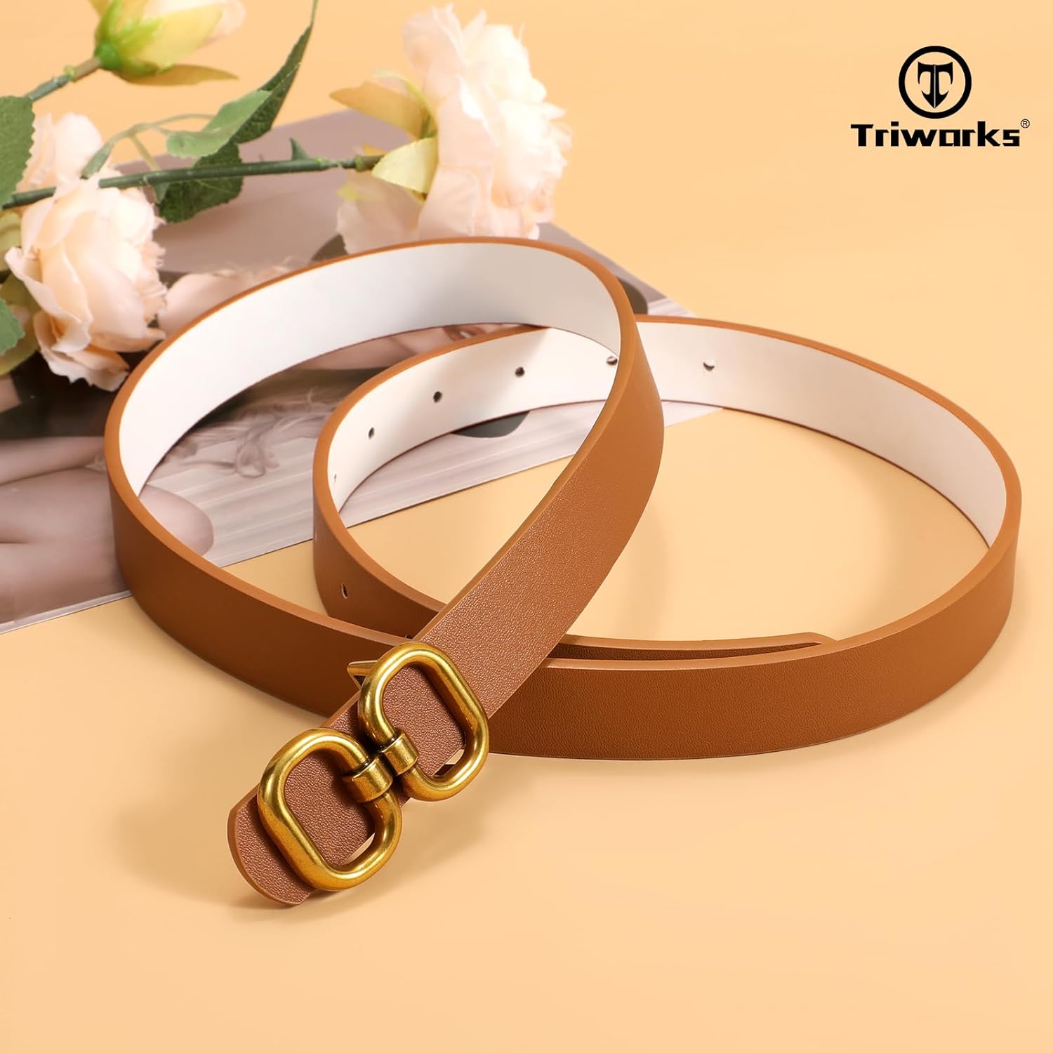 TRIWORKS Reversible Leather Belt for Women with Gold Buckle Ladies Leather Belt for Jeans Pants - Image 3