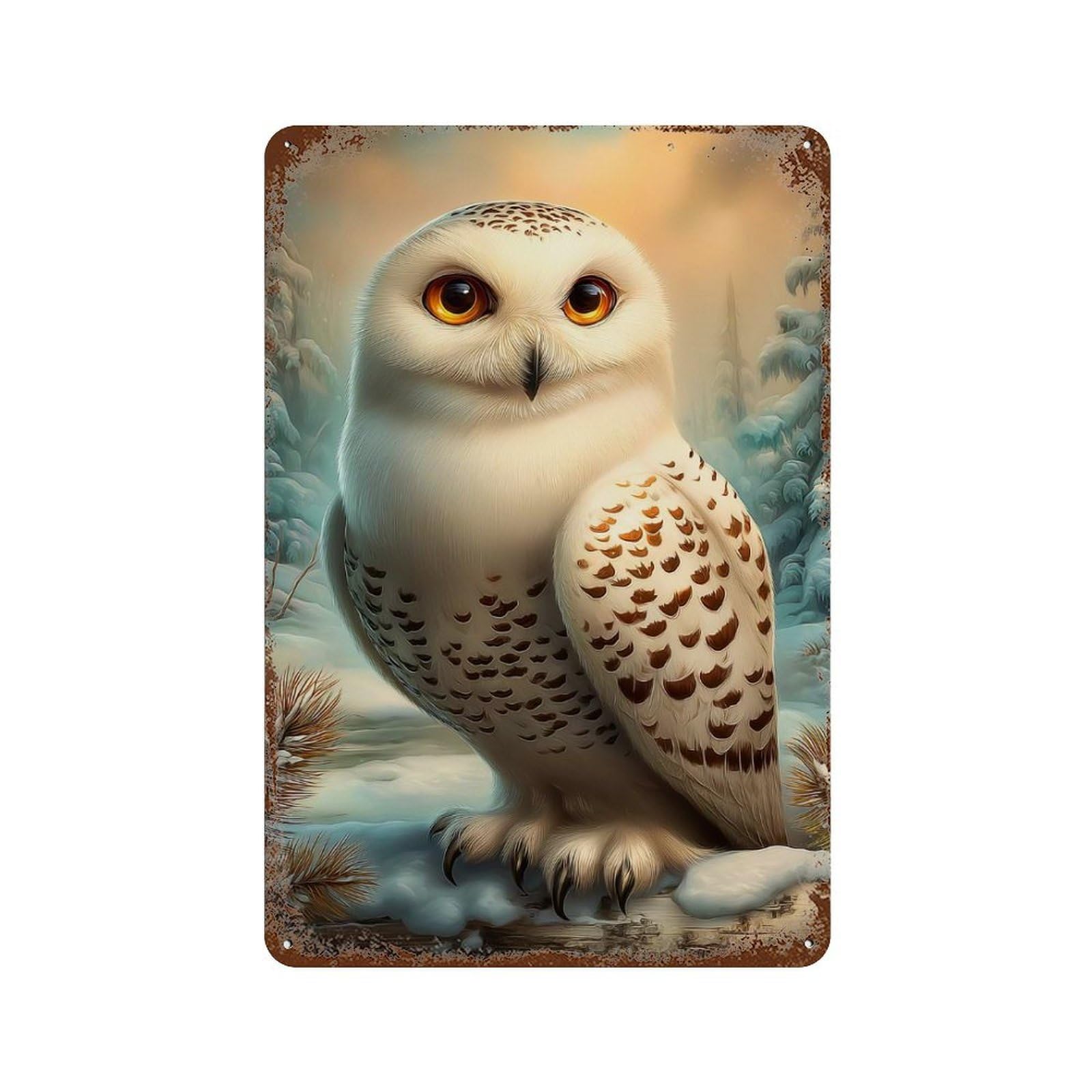 Weathered Tin Sign with Snowy Owl in Winter Scene Design 11.8"x7.9", for Shed, Workshop And Garage Wall Decor, Decorative Metal Wall Art