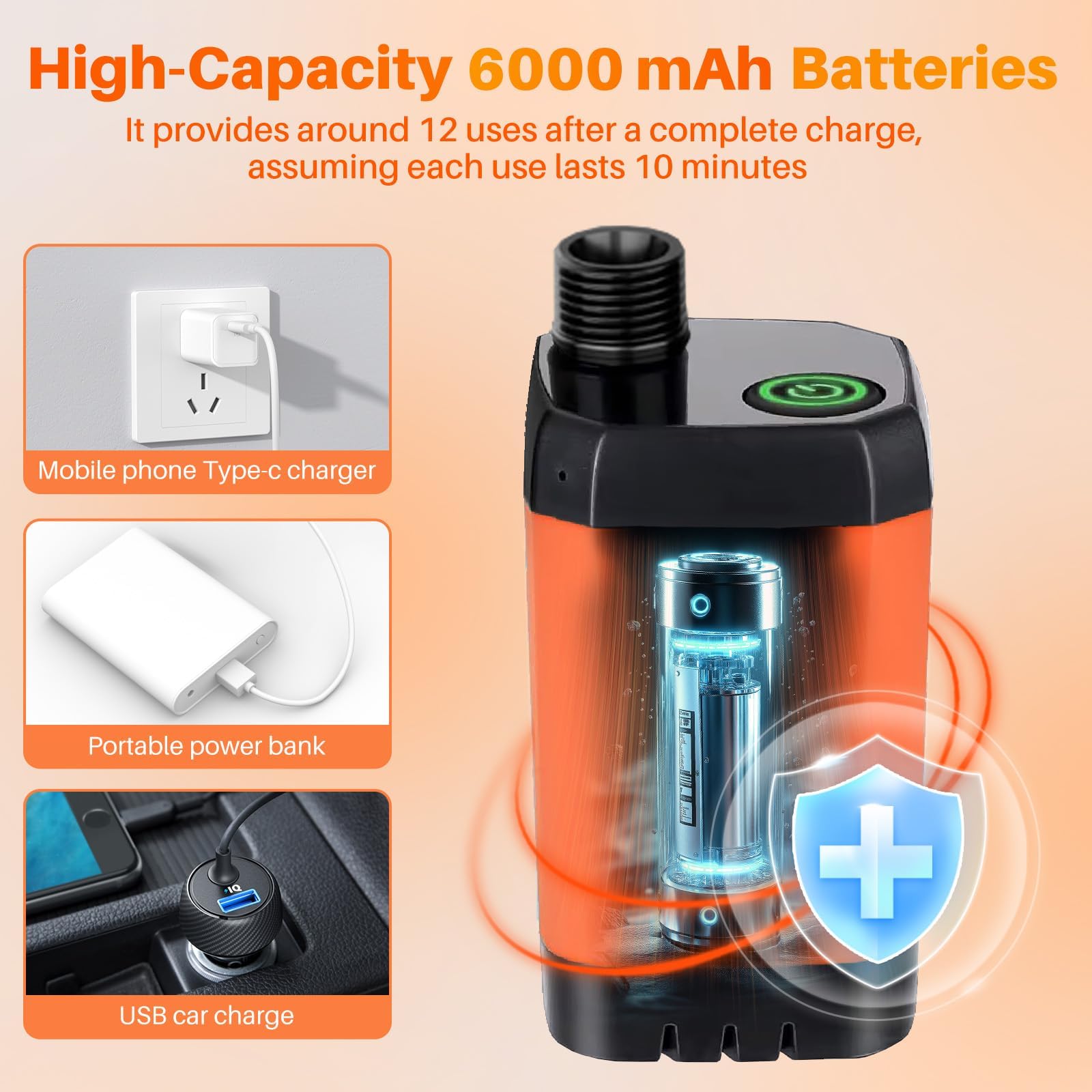 Douche de camping portable avec chauffage, 6000 mAh rechargeable avec chauffage à immersion automatique de 2000 W, écran LED, douche extérieure chauffante pour voyage, randonnée, voiture