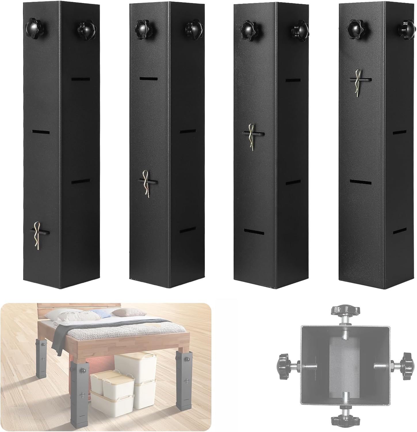 Bed Risers Heavy Duty IRONWALLS 4-Pack Metal Bed Riser For Dorm Room, 3.15" Diameter Square Bed Frame Risers Adjustable Furniture Risers Lift To 11", 8", 5", 3" Height, College Dorm Bed Lifting