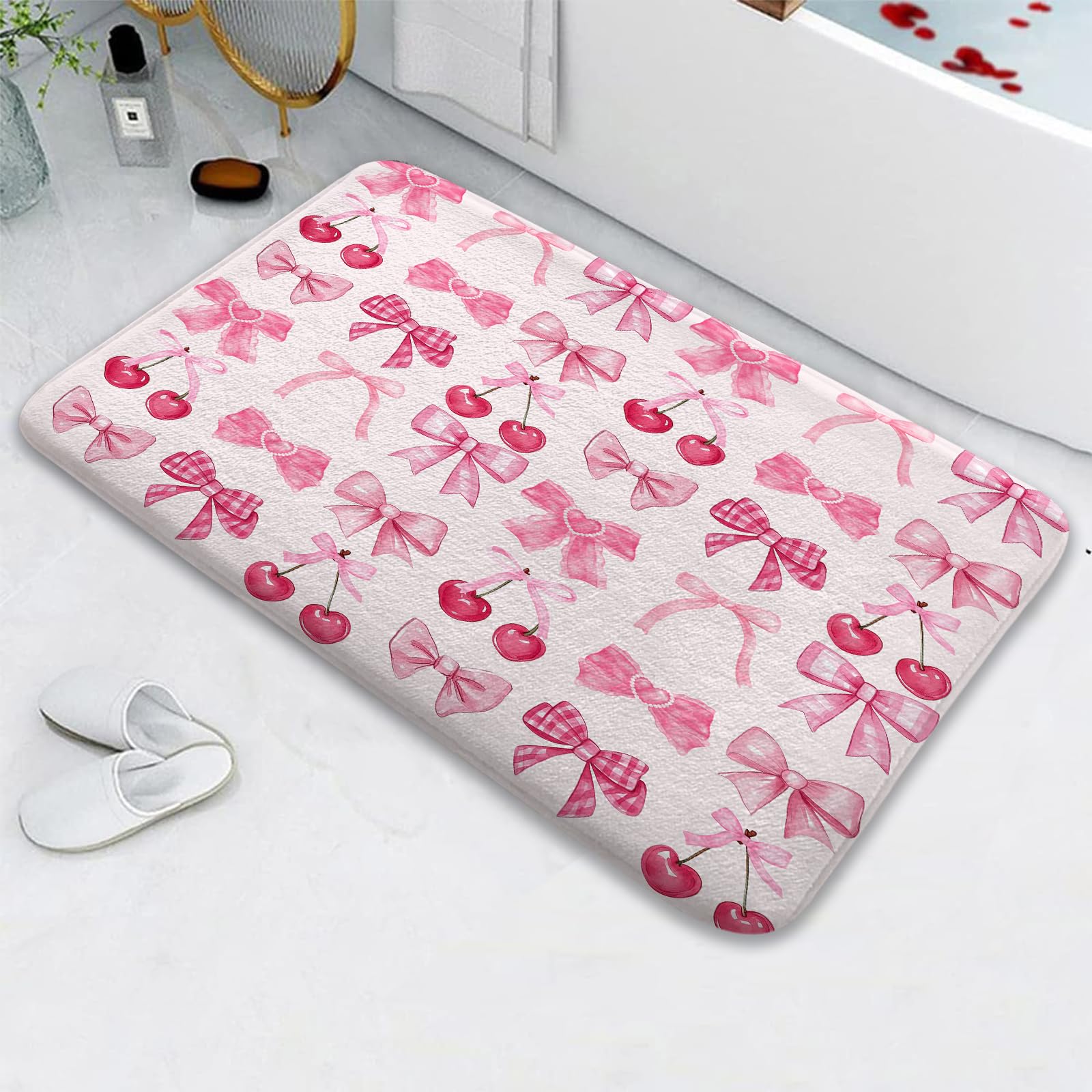 Pink Bow Bath Mat,Watercolor Aesthetic Cute Cherry Fruit Candy Non Slip Absorbent Floor Rugs Quick Dry Soft Velvet Rugs Carpets, for Bathtub Bathroom