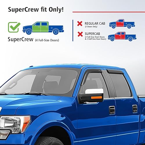 Miniatura 3 de Goodyear Deflectores de ventana inastillables para camiones Ford F150 2009 2010 2011 2012 2013 2014 SuperCrew, protectores de lluvia con cinta,