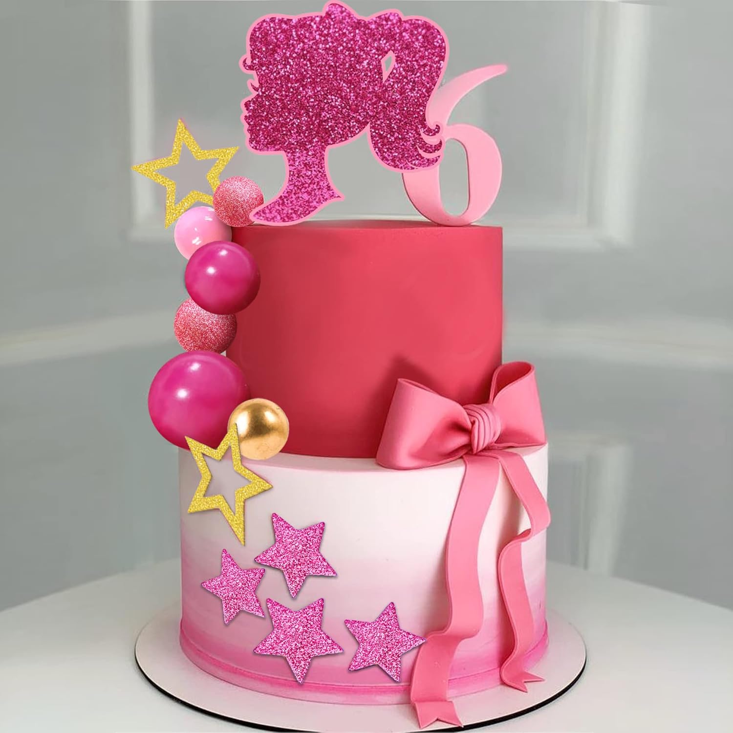 36 PCS Hot Pink Girl Cake Topper Balls Cake Decorations with Pink and Gold Balls Shiny Stars for Wedding Anniversary Girl Birthday (Stars)