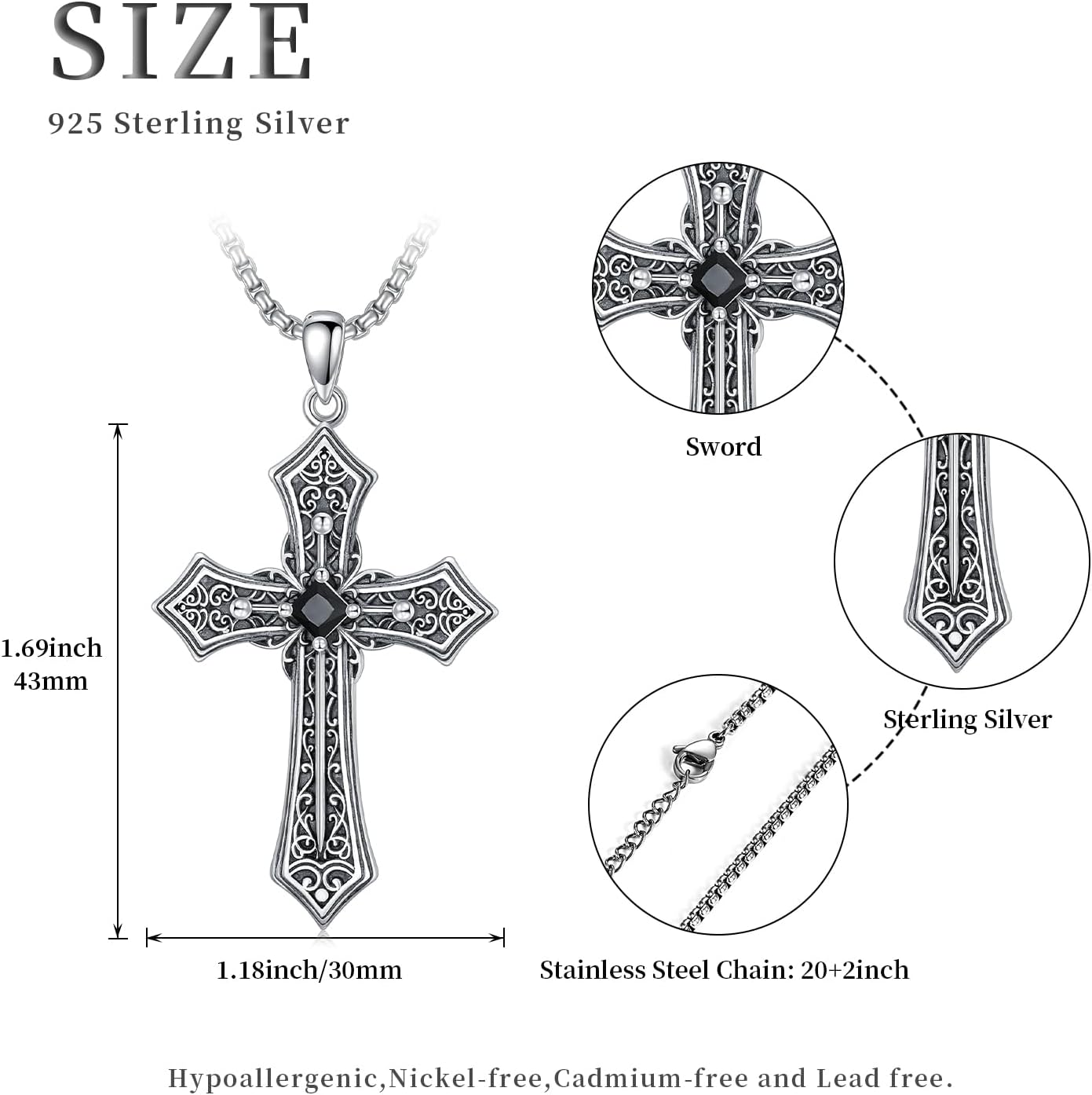 Gothic Cross/Crucifix/Celtic Cross/Virgin Mary/Heart/Flower Cross Necklace for Men Women 925 Sterling Silver Unisex Cross Pendant Christian Jewelry Christmas Gifts