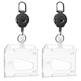 Uniclife 2 Pack Thumb-Slot Badge Holder 2-Card Horizontal Clear Plastic Case with Retractable Keychain Badge Reel for up to 8 oz Hard Card Protector for IDs Credit Cards Driver’s Licenses and Passes