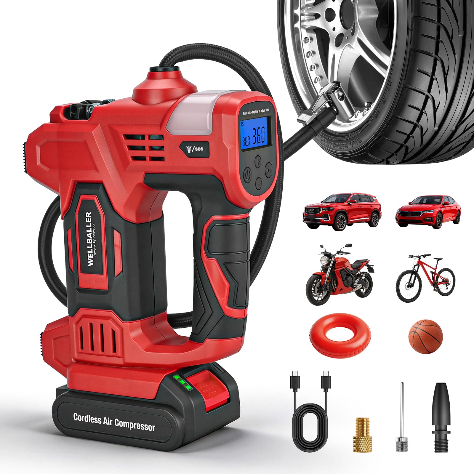 Tire Inflator Portable Air Compressor,20V Cordless Tire Inflator with 150PSI Max,4X Faster Portable Air Pump,Battery Powered Pump with Digital Pressure Gauge fo