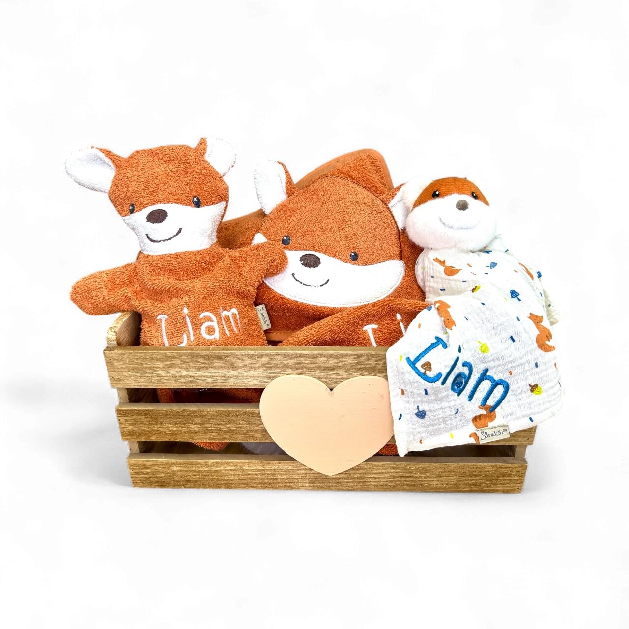 Generisch Geschenkset Fuchs Filou, Kapuzenhandtuch 100x100cm, Spiel-Waschhandschuh und Schmusetuch - mit Name aufgestickt, rostrot