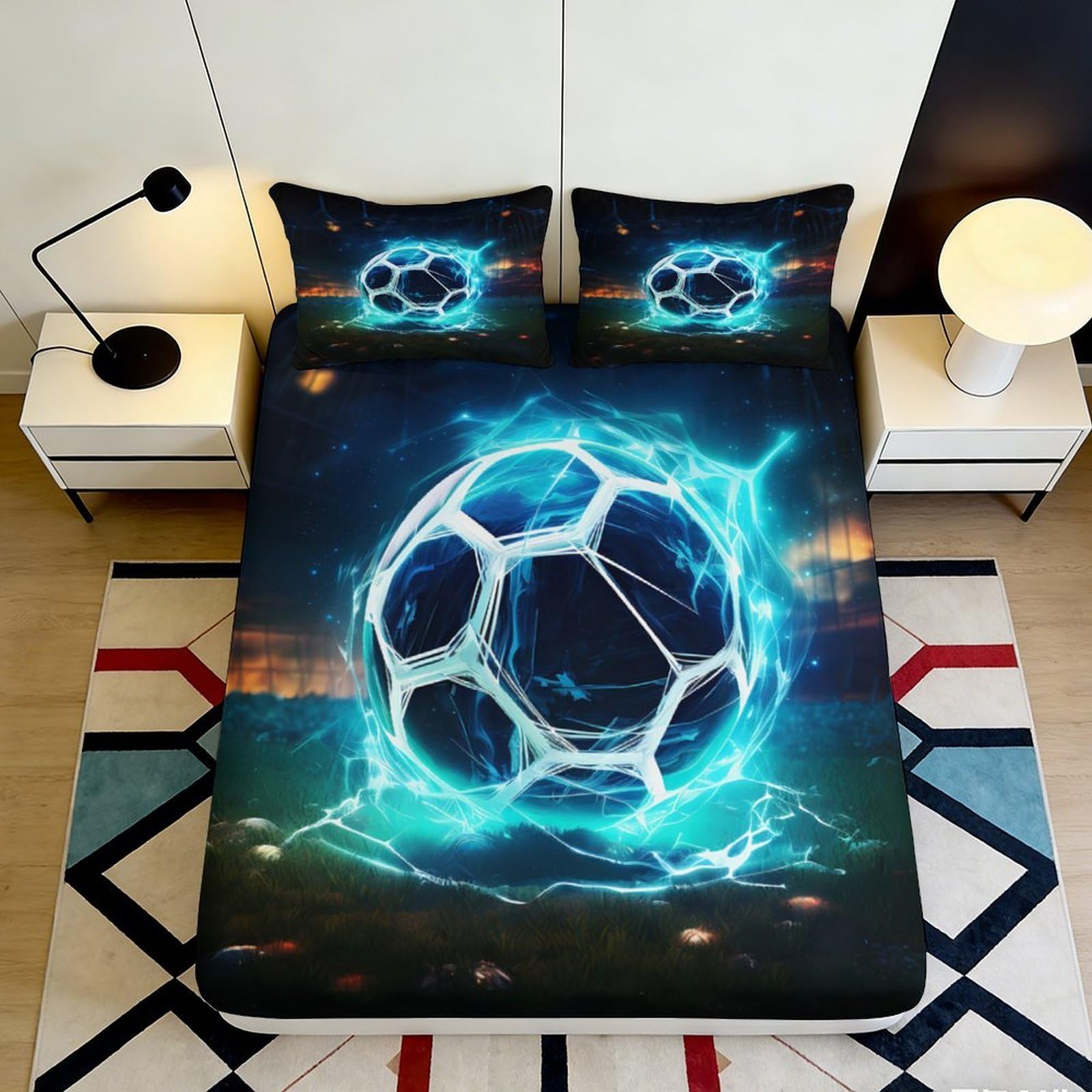 3D Printed Electric Soccer Ball Fitted Sheet Microfiber Bedroom Decor Dynamic Sports Bed Cover for Home Dorm 90x200x25cm