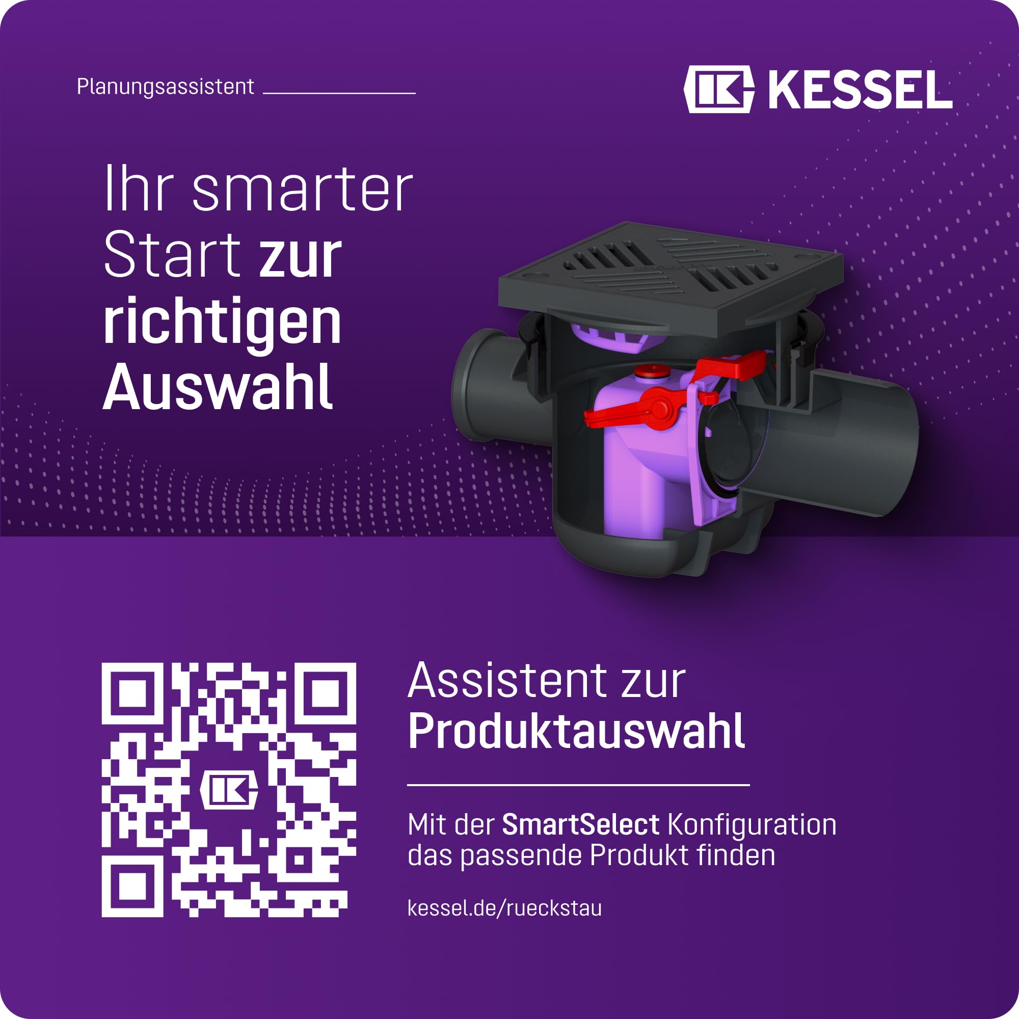 KESSEL Universal-Bodenablauf DN 100 Typ 5, 3 Zuläufe, Rückstauverschluss | Schlitzrost Kunststoff schwarz, 2 Rückstauklappen + Notverschluss, EN 1253