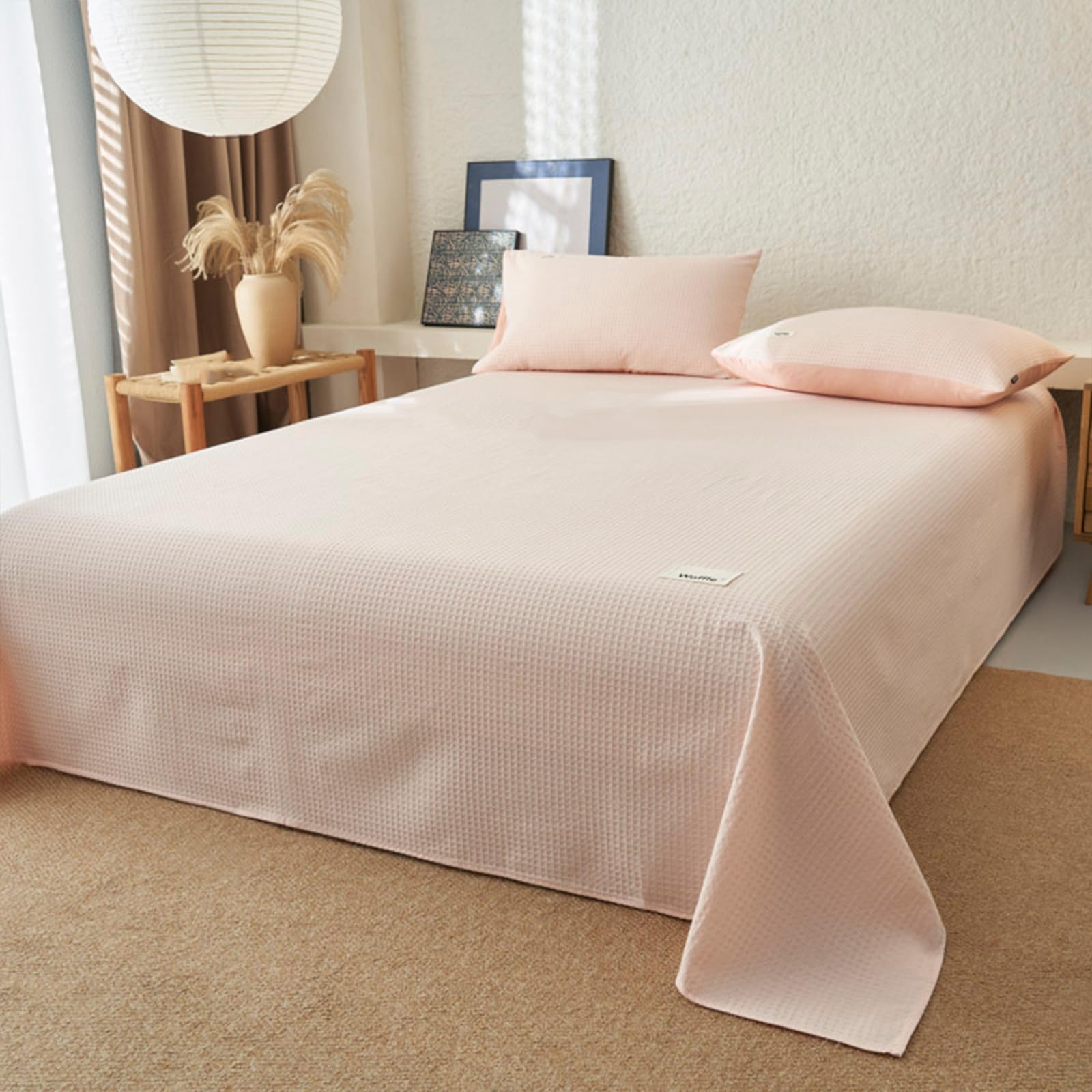 Drap plat 245x250cm rose en coton uni king size 2 personnes avec taies d'oreiller