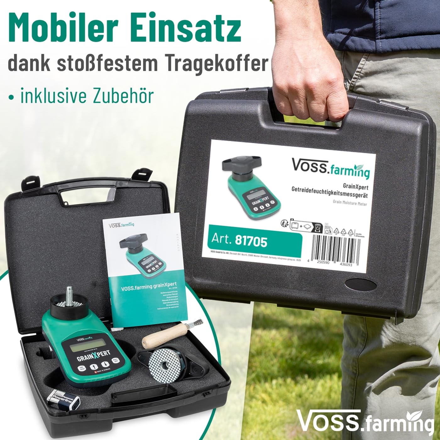 VOSS.farming GrainXpert Getreidefeuchtigkeitsmessgerät mit Mahlwerk, LCD Display, mit Transportkoffer, präzises Getreidemessgerät für draußen