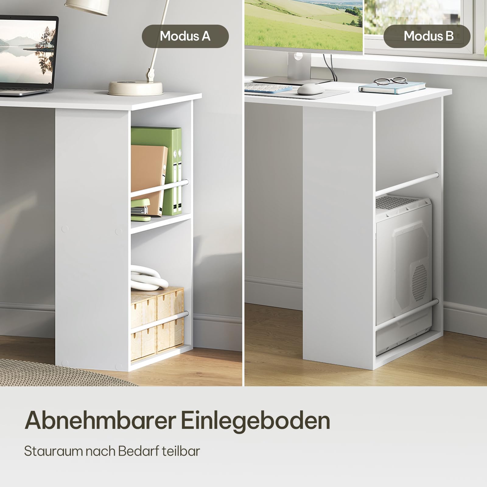 eSituro Schreibtisch mit Stauraum & Bücherregal, Computertisch Homeoffice, Weiß, 120x52x120 cm, Bürotisch fürs Arbeitszimmer Schlafzimmer | Offene Stauraum und Regale, Aktenordner-Halterung, für Homeoffice Schlafzimmer Wohnzimmer