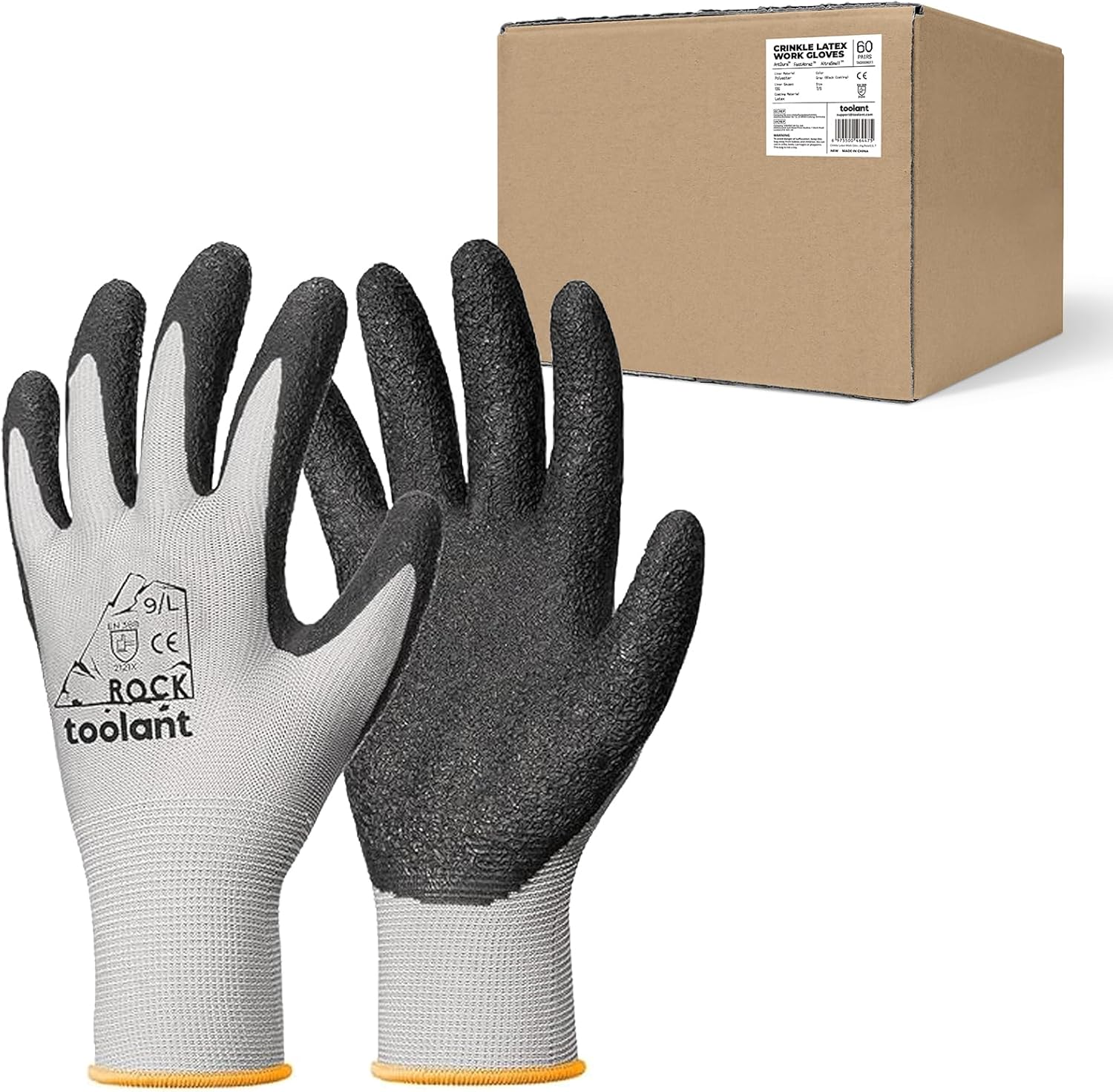 toolant クリンクルラテックス 作業用手袋 バルク ゴムコート 安全作業手袋 男女兼用 60双入 建築 園芸 倉庫用 (グレー