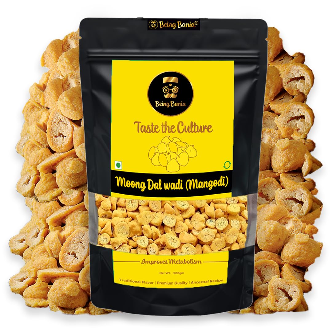 Being BaniaHomemade Rajasthani Mangody / Mungoli Wadi / Buddy , 500 gms | Handmade | Made from Mungdal | Rich in Protein | Premium Mungdal | Preservative Free | Ready to Cook | 500g (1 Pack) Yellow