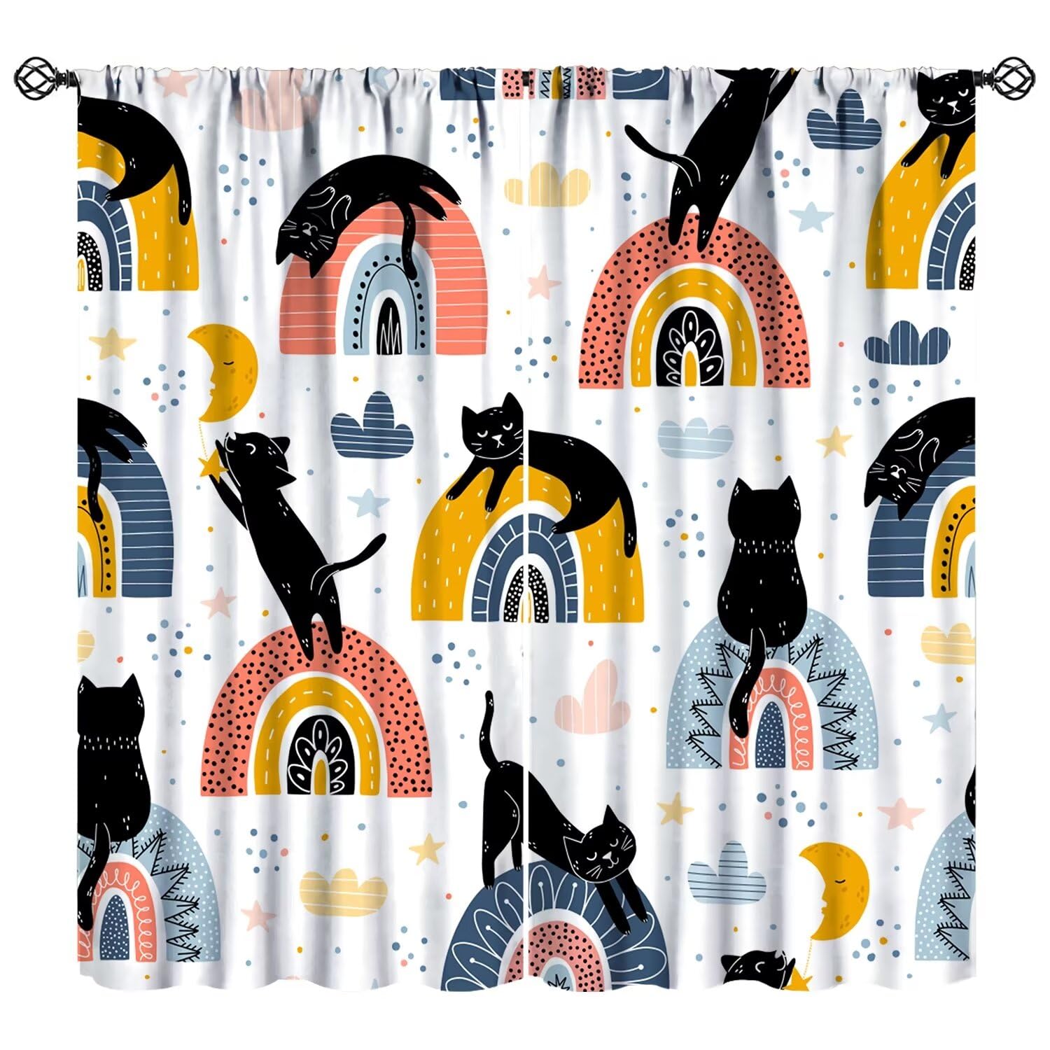 JESTRONRY Modern Abstract Curtain,Black Cats and Colourful Rainbows Cute Animal Background Blackout Rod Pocket Window Drapes for Baby Kids Girls Bedroom Living Room Home Decor W42xL63in — image 1