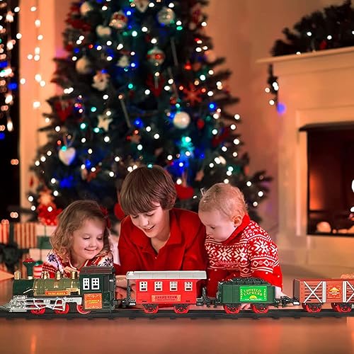 Miniatura 8 de Juego de tren de Navidad para debajo del árbol con luces y sonidos, juego de tren de juguete para Navidad con pistas grandes, 5 vagones de tren,