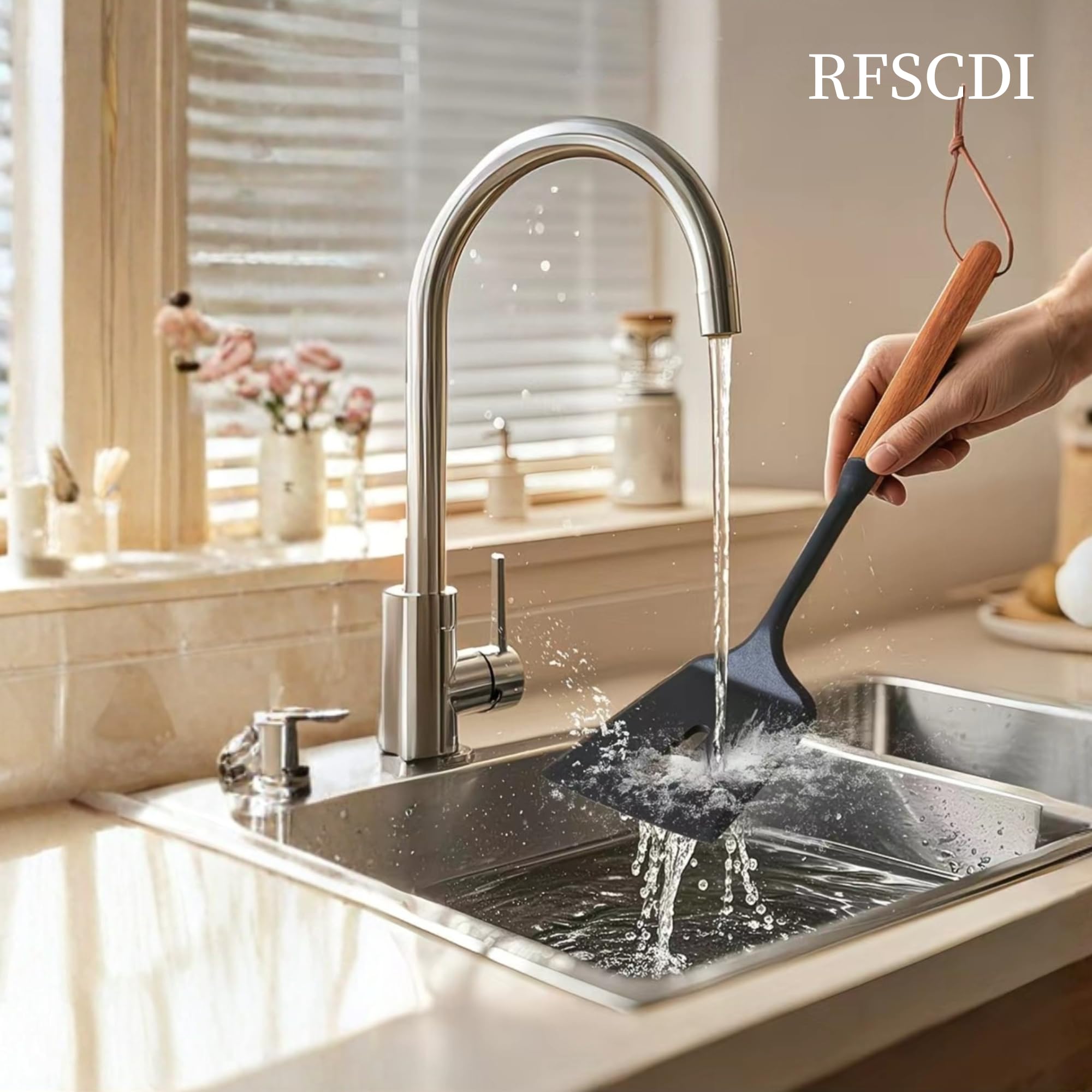 Squisito set di utensili da cucina in silicone, atossici, resistenti al calore, con manici in silicone per uso alimentare e legno, include spatola e cucchiaio per pentole antiaderenti, nero