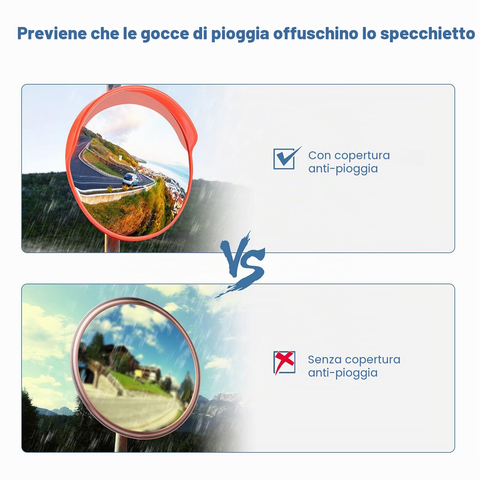 Specchio Convesso di Sicurezza Stradale, 30cm, Circolare, Arancione, con Copertura Antipioggia, per Interni ed Esterni