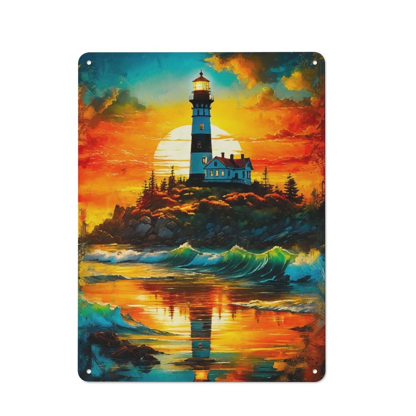 Junmoney Lighthous At Sunset For Lounge Or Reading Corner, Retro Metal Sign 40X30cm, For Metal Sign Collectors, For Garage And Workshop Walls