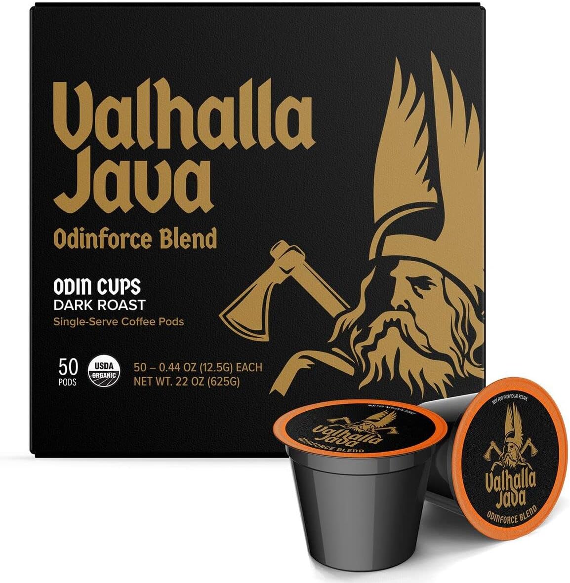 Death Wish Coffee, Valhalla Java Single Serve Pods - Extra Kick of Caffeine - Dark Roast Coffee Pods - Made with USDA Certified Organic Fair Trade Arabica and Robusta Beans (50 Count)