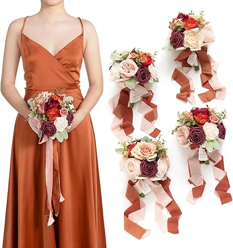 Ling's moment Ramo de boda de flores artificiales de 7 pulgadas de color naranja quemado para damas de honor, juego de 4, ramos para novia, flores