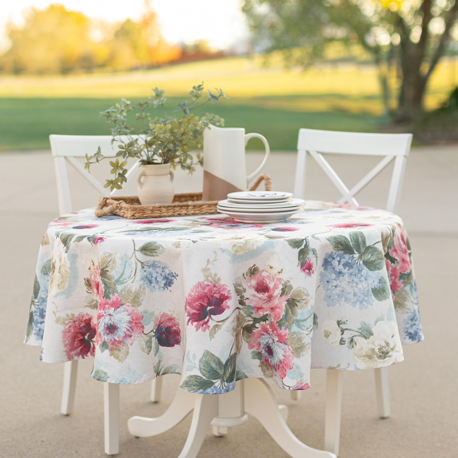 Benson Mills Spillproof Spring/Summer Durable Heavyweight Fabric Indoor Outdoor Tablecloth, Washable Table Cloth for Round Tables, Picnic/Patio Table Covers (70" Round, Pamona)