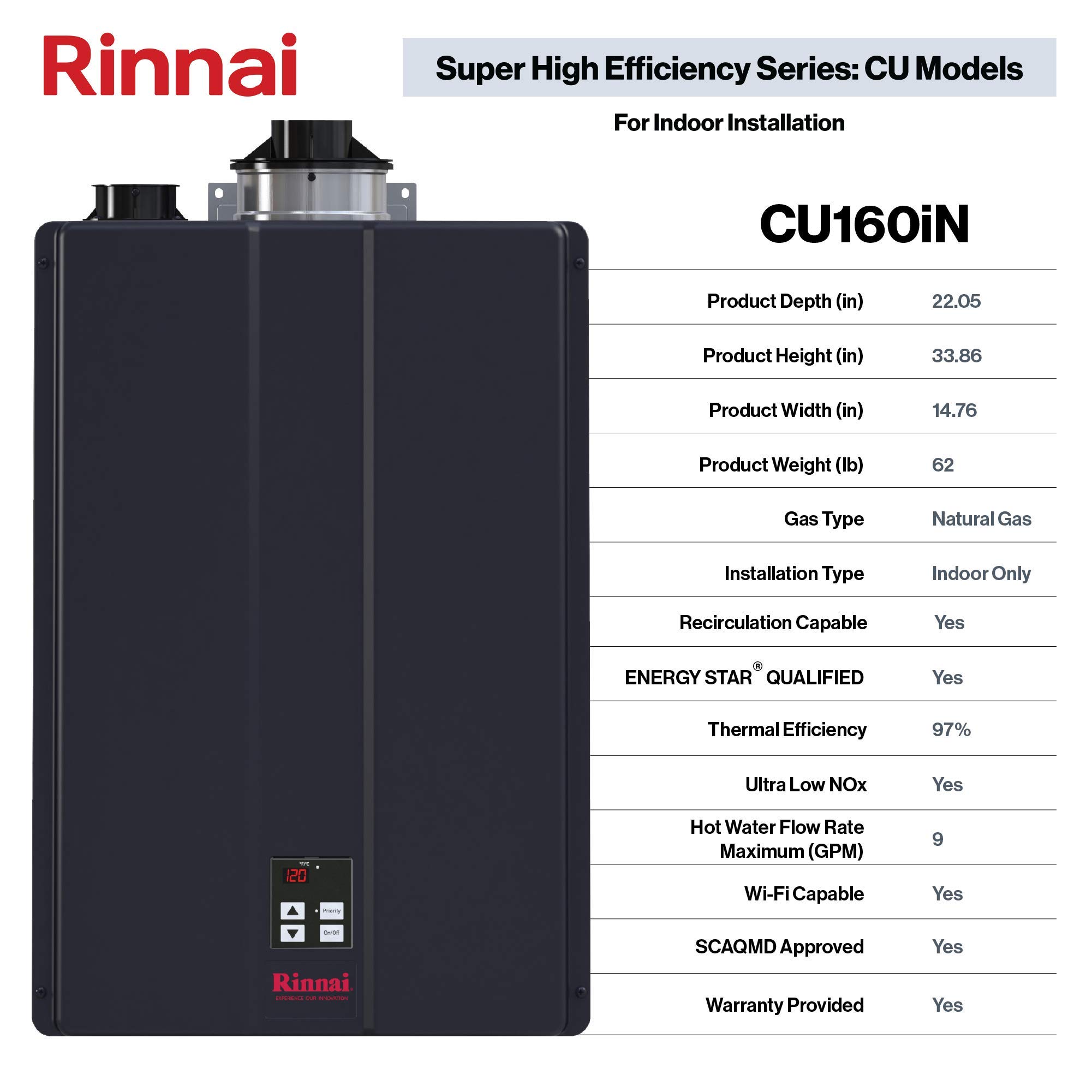 Rinnai CU160iN Natural Gas Condensing Tankless Hot Water Heater, 9 GPM -  Amazon.com