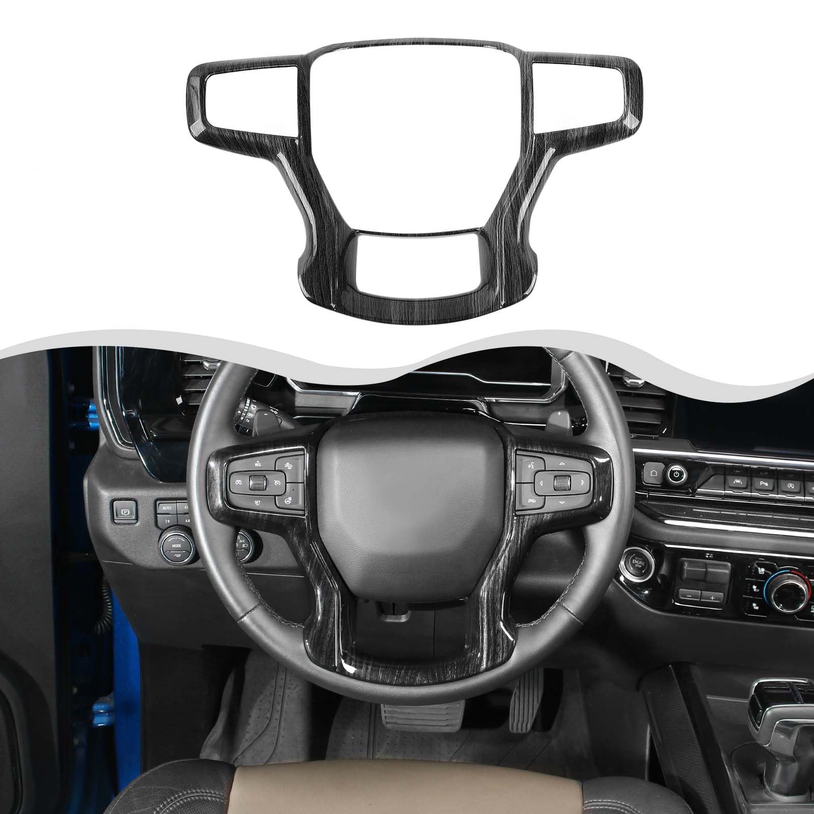 HTHE Steering Wheel Trim for Chevy Silverado Steering Wheel Panel Trim Cover Compatible with Chevy Silverado 2019+ Interior Accessories (ABS,1PC) (Black Wood)