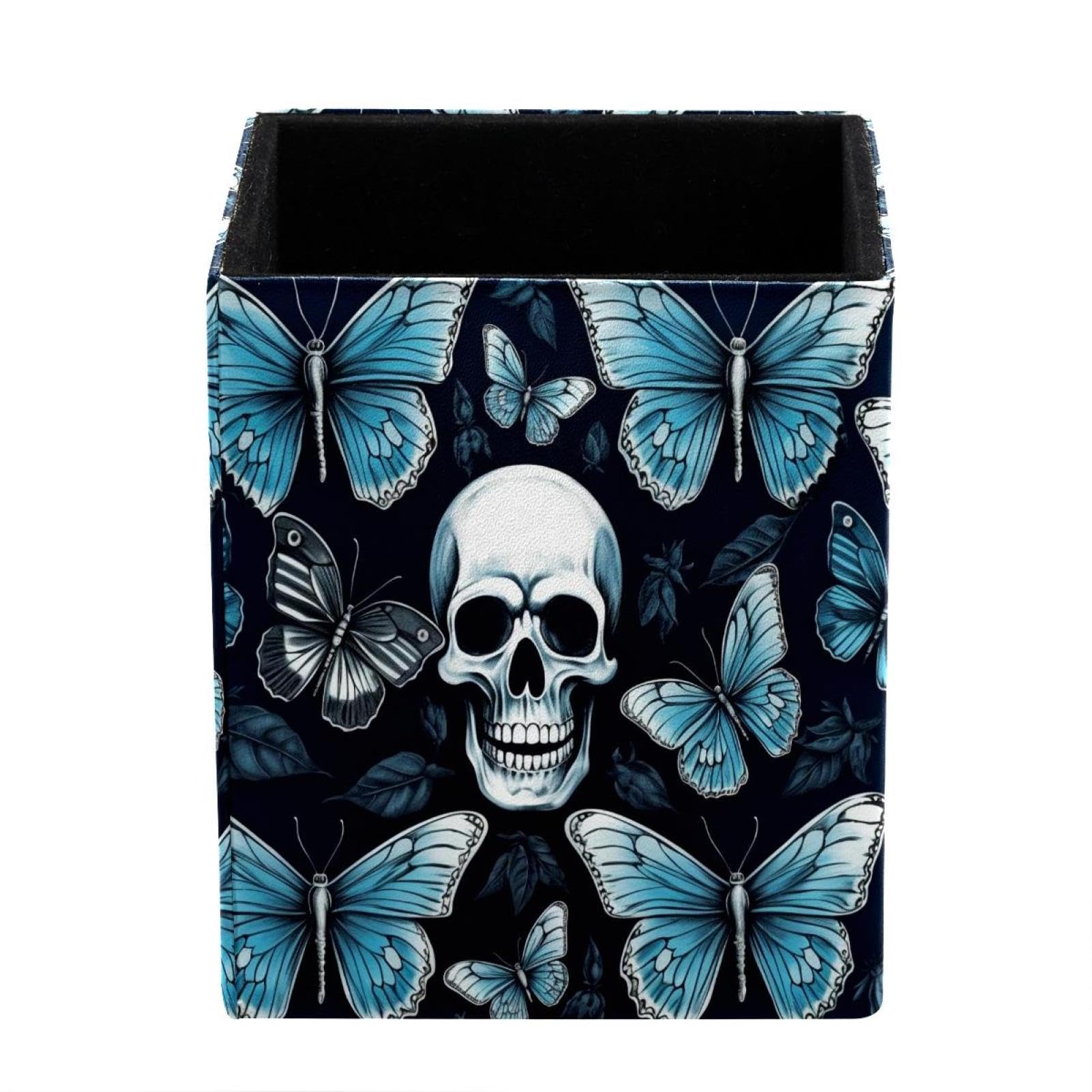 XingFox Skull Candy Owl Pen Holder for Desk Deco, Sqaure PVC Leather Pencil Cup for Desk Pen Organizer, Makeup Brush Holder for School, Home, Office