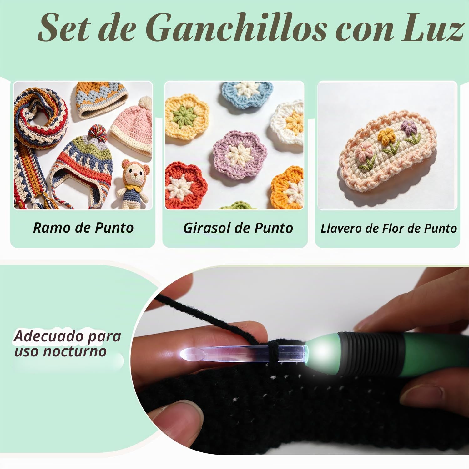 Yarniss Juego de ganchos de ganchillo ligeros con funda, 9 tamaños iluminados con batería, 2,5 mm ~ 6,5 mm, color verde