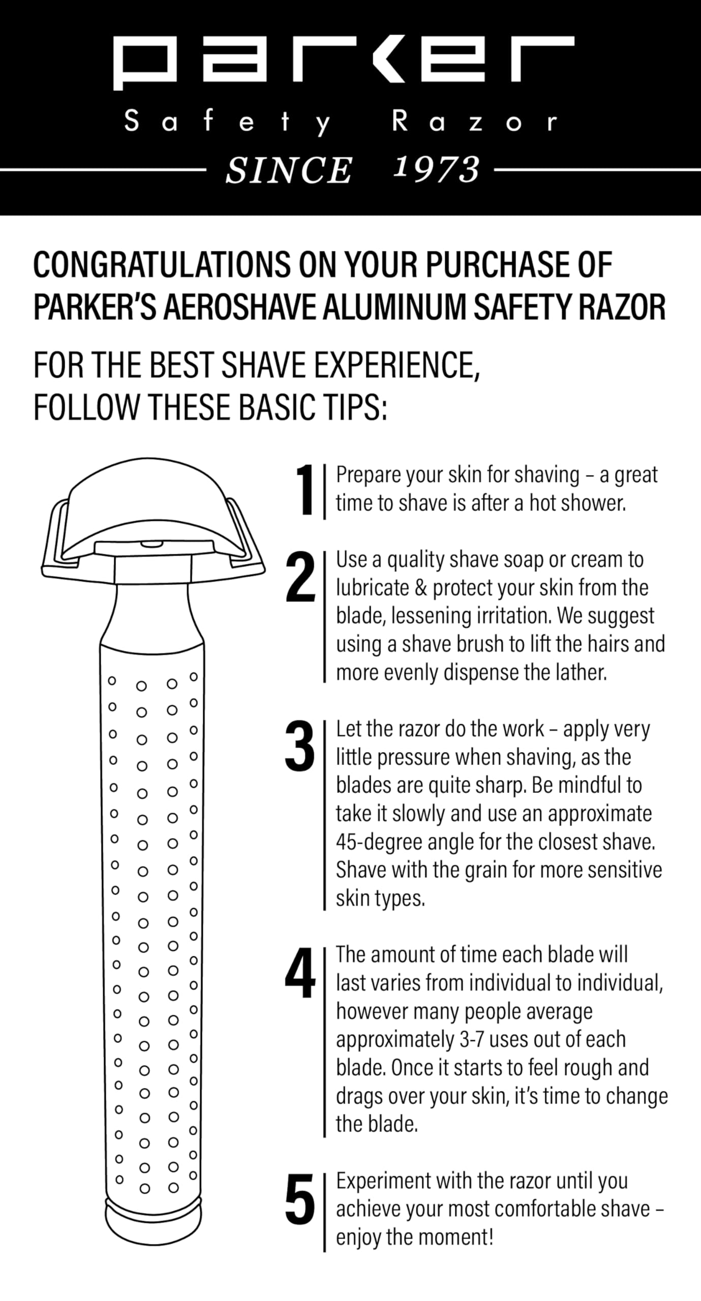 Parker Safety Razor - AeroShave - Rasoio di sicurezza a doppio bordo in alluminio con 5 lame - Angolo di 35 ° con esposizione della lama di precisione - Per uomini e donne - Aggressività lieve