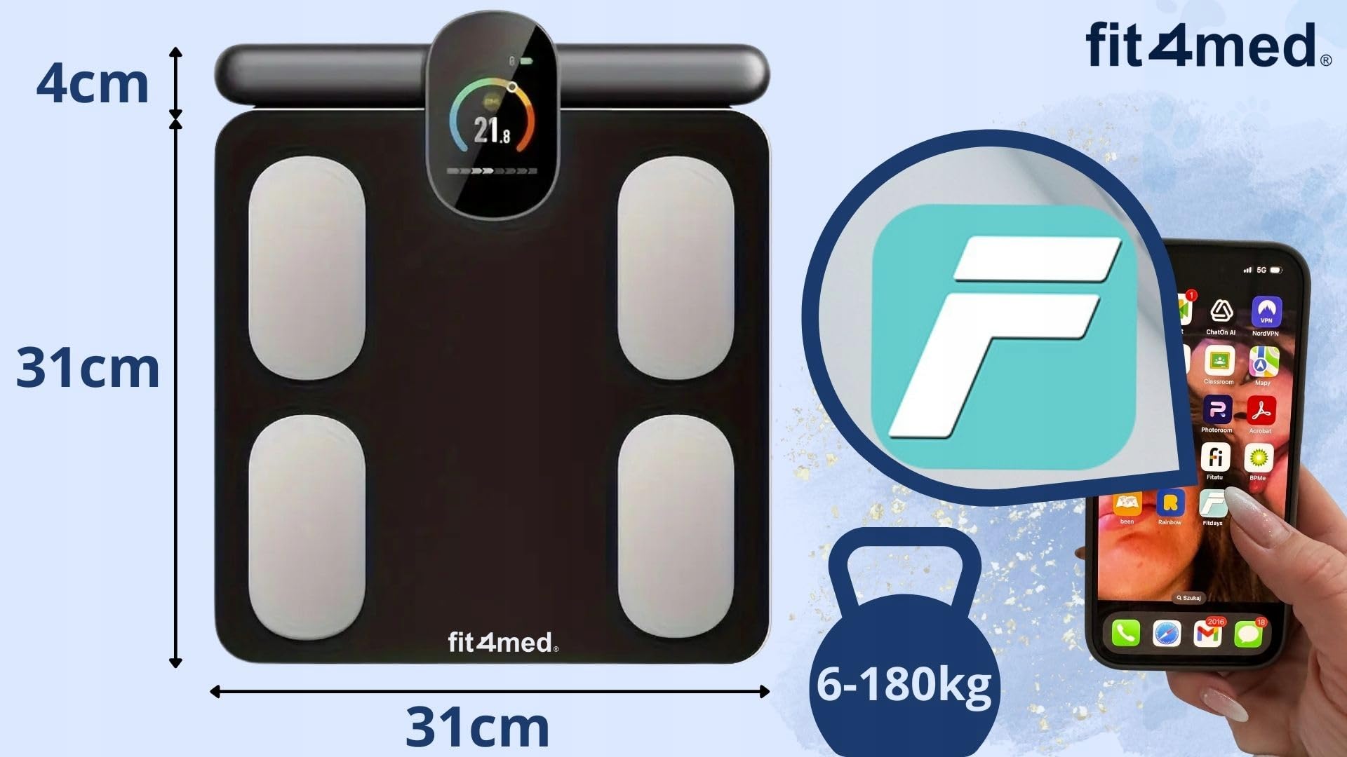Inteligentna Waga z Analizą Składu Ciała, Czarna, Bluetooth, Szkło Hartowane, 31x35x5cm, Ładowalna Bateria 500mAh, Pomiar do 180kg