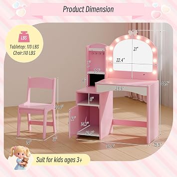 Girls Vanity Table and Chair Set, Kids Vanity with Jewelry Organizer for Princess, Toddler Makeup Vanity Desk with Open Shelf, Closed Cabinet and Butterfly Pattern, Pink