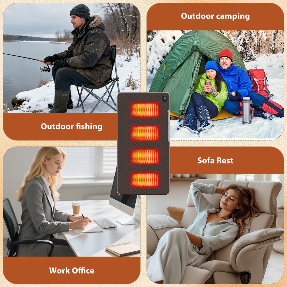 Beheizbares Sitzkissen Stadion & Bürostuhl – Heizkissen Kabellos, 3 Heizstufen, USB-Heizdecke, Wärmedecke für Camping, Sofa & Outdoor (45x90 cm) (Kaffeebraun)