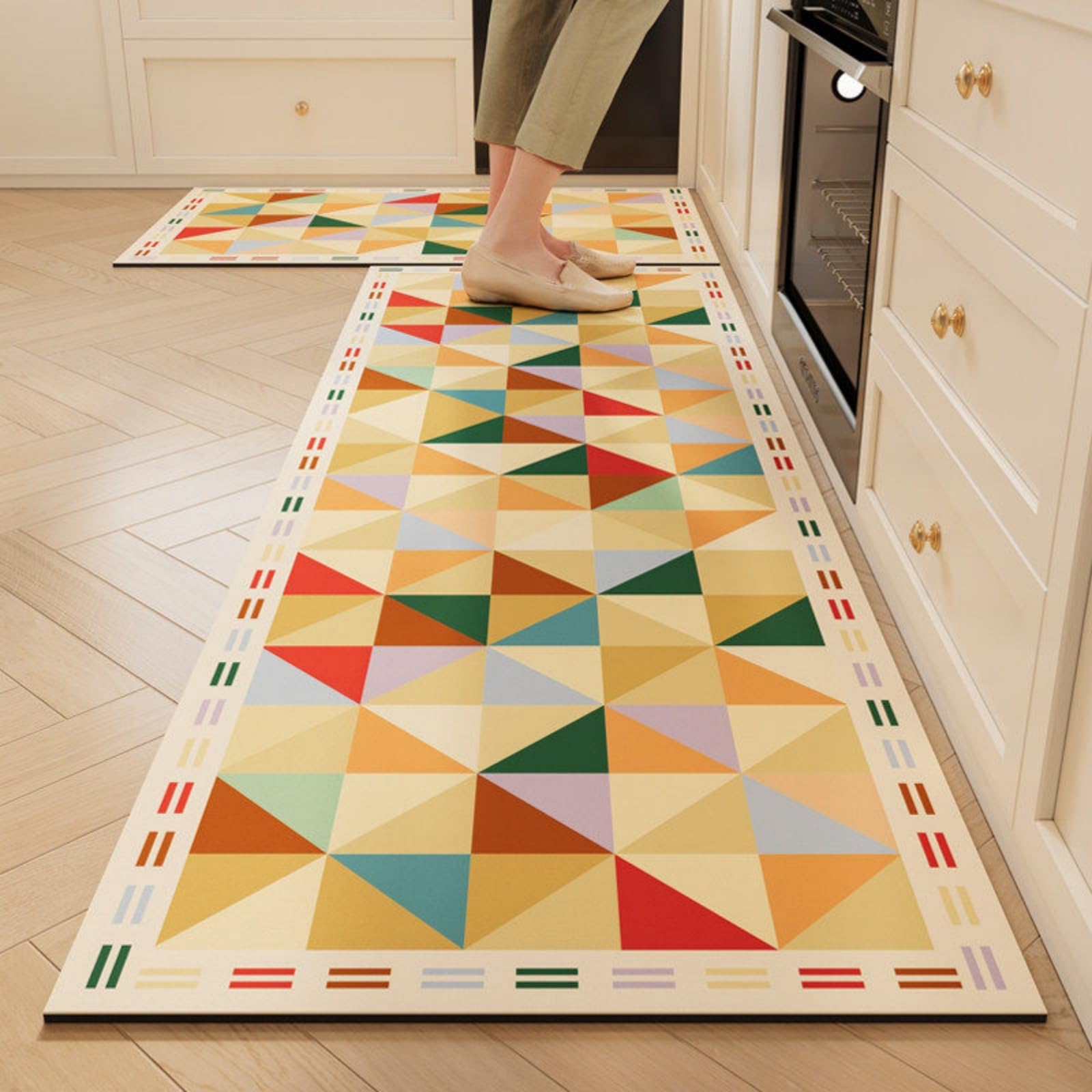 Tappeto Cucina 50X80Cm+50X60Cm Triangolo Verde Moderni Tappetini Da Cucina 2 Pezzi,Antiscivolo Impermeabile Tappeti Da Cucine,Lavabile, Adatto Per Corridoi, Cucine, Bagni