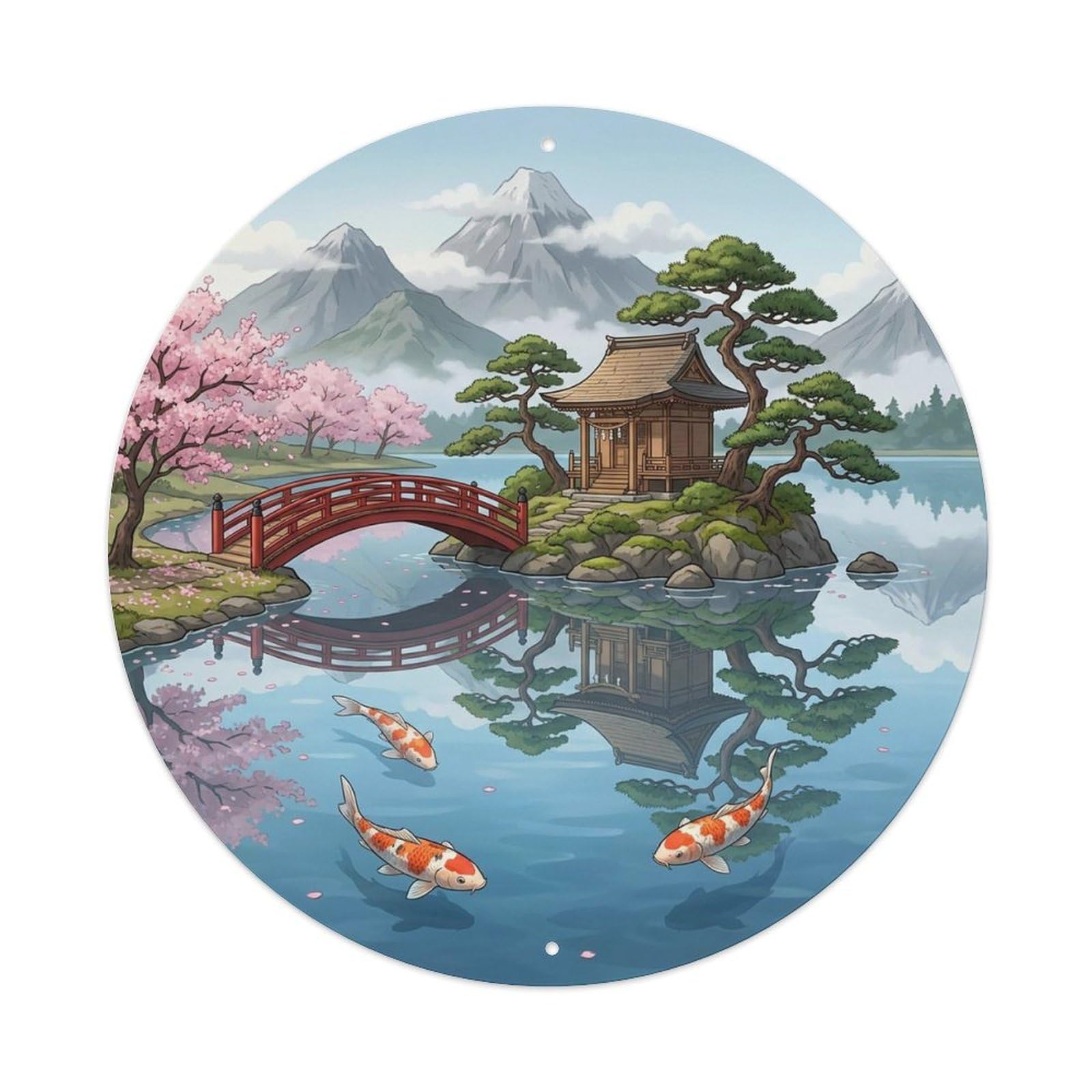 Shrine Pond Koi Garden Vintage Lake Temple Metal Tin Sign Plaque Wall Decor for Cafe, Man Cave, Club Bar, Office, Home Garden Round Metal Poster 8x8Inch