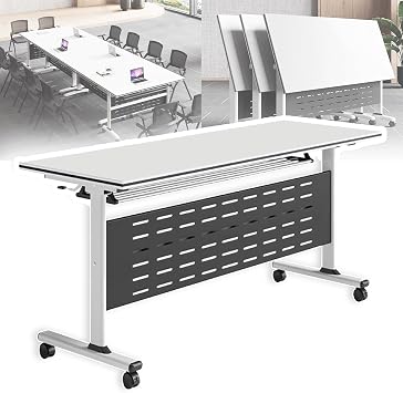 Folding Conference Table, Foldable Conference Table Flip Top Mobile Training Table with Wheels, Metal Legs, Rectangular Modular Conference Room Table for Office Meeting Conference Room