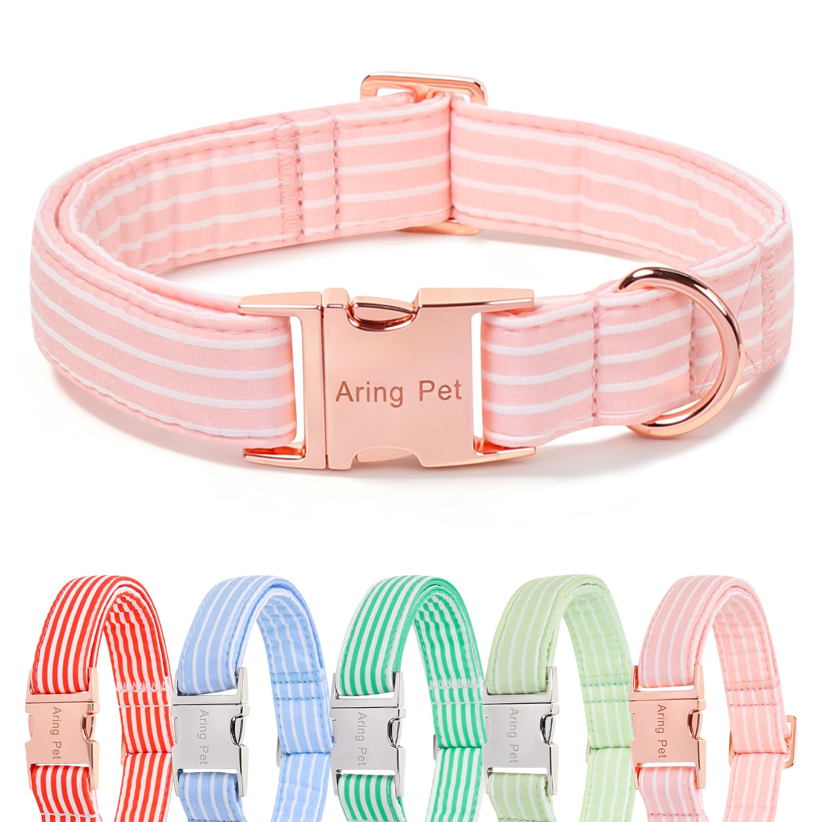 ARING PET Girl Dog Collar for Puppy Small Medium Large Dogs-Pink Stripe S | Cute Female Heavy Duty Pet Collars with Metal Buckle for XS S M L XL Dogs, for City Walk Coffee Shop Visit Party Stroll