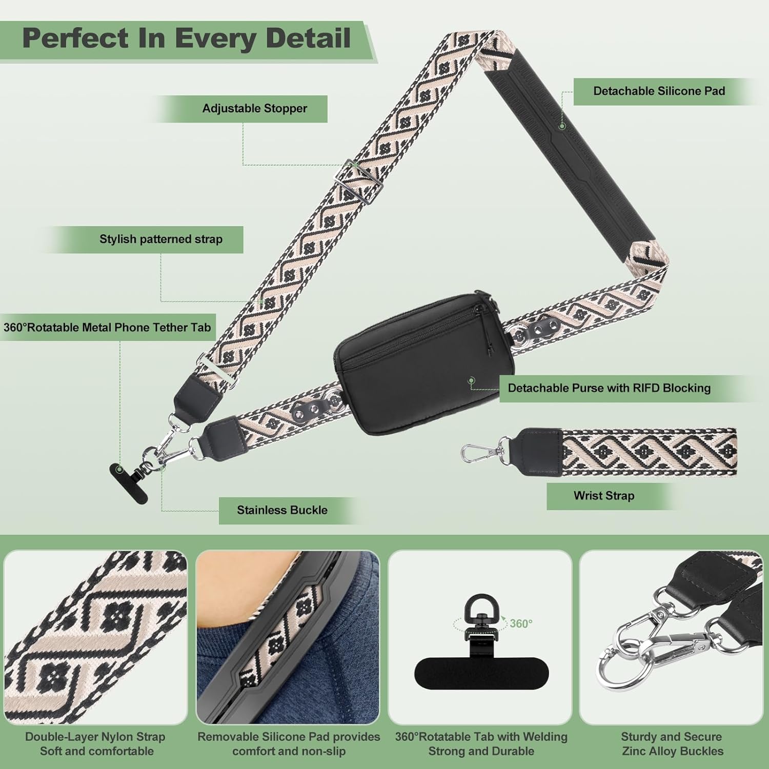 Clip and Go Strap for Phone with Wallet Crossbody, Adjustable Phone Lanyard with Detachable RFID Wristlet Wallet, Pattern Strap, Black (M) - Image 4